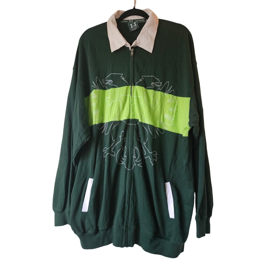 Y2K Oversized Graphic Zip Hoodie 3XL Green Streetwear Indie Grunge Jacket